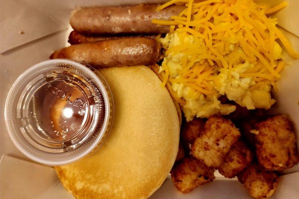 Breakfast for lunch! pancakes, eggs, sausages, potatoes